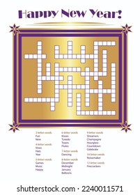 Happy New Year Crossword Puzzle, Fun Party Game, Word Puzzle, Invitation, Greeting Card Illustration, Promo, Promotion, Festive, Gold, Purple