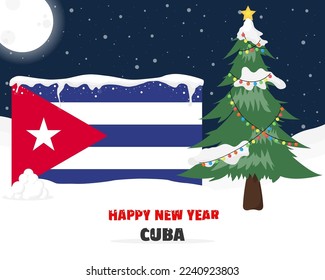 Happy new year in Cuba with Christmas tree and snow, banner or content design idea, Cuba flag with pine tree, new year celebration idea, sky with full moon and stars, vector design