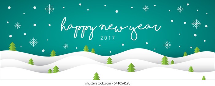 Happy new year with curve snow and green winter background.