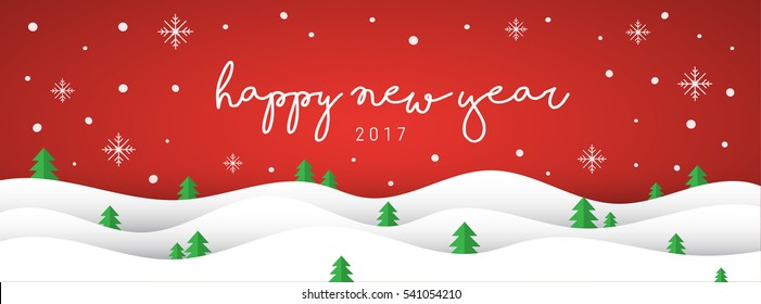 Happy new year with curve snow and red winter background.