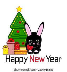 Happy New Year! A cute black rabbit near a decorated Christmas tree with gifts. Chinese New Year