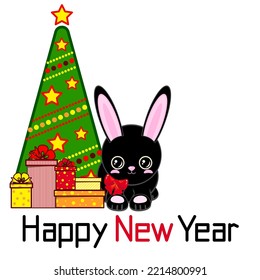 Happy New Year! A cute black rabbit near a decorated Christmas tree with gifts. Chinese New Year
