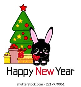 Happy New Year! A cute black rabbit near a decorated Christmas tree with gifts. Chinese New Year