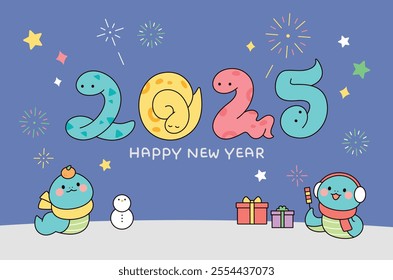 Happy New Year. A cute blue snake symbolizing the year 2025 in Asia is greeting the New Year.