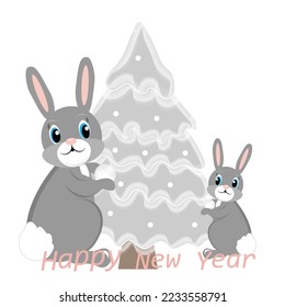 Happy New Year cute bunnies and a Christmas tree