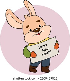 Happy New Year. Cute bunny. Stands, look out, poster, place for text. Vector illustration