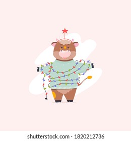 Happy New Year. Cute cartoon Bull with garland. Vector illustration. 