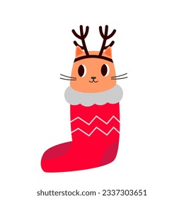 Happy new year cute cat with antlers in Christmas stocking. Christmas cat. Design suitable for banner, invitation, card, greeting, banner, cover.