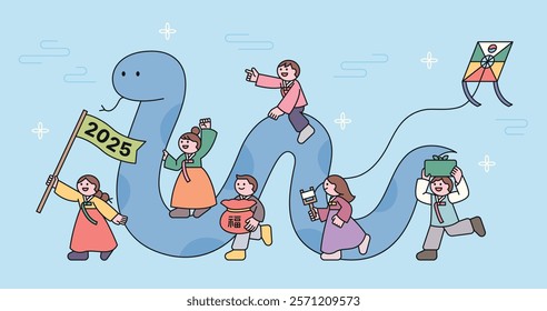 Happy new year. Cute characters wearing hanbok are celebrating the New Year riding giant snakes. New Year banner poster.