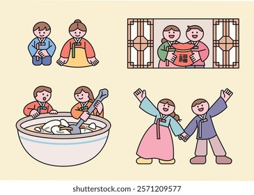 Happy new year. Cute characters wearing Hanbok and giving holiday greetings. People eating traditional Korean food and holding lucky bags.