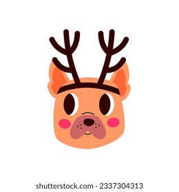 Happy new year cute dog with antlers. New year French Bulldog. Design suitable for banner, invitation, card, greeting, banner, cover.
