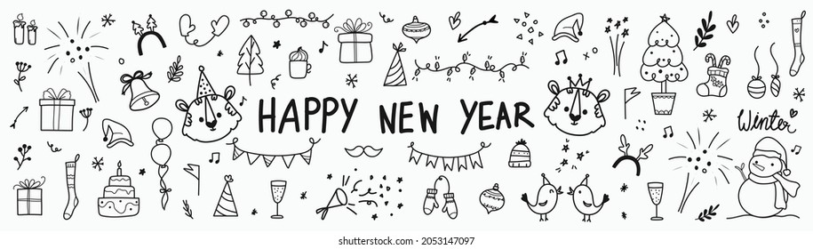 Happy new year cute doodle vector set. Tiger year hand drawn design with , love, floral, birds, Christmas tree , firework, balloon, penguin, rainbow, winter hats, sock, gloves, gifts and star. EPS10.