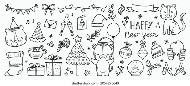 Happy new year cute doodle vector set. Tiger year hand drawn design with , love, floral, birds, Christmas tree , firework, balloon, penguin, rainbow, winter hats, sock, gloves, gifts and star. EPS10.