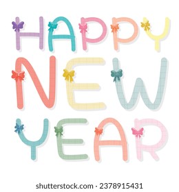 Happy New Year Cute font style, gift pattern, and bow to celebrate New Year and Christmas.