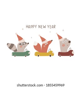 Happy new year. Cute forest animals. Vector illustration on white background. Best for greeting cards design. 