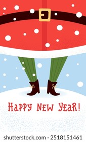 Happy new year. Cute funny legs Santa Claus in snow with lettering congratulation. Christmas holiday vertical card. Vector illustration