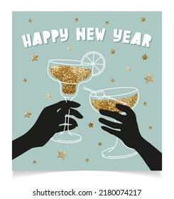 Happy new year cute greeting card line art illustration vector design. Invitation for party. Hands holding cocktail glasses. Cheers 