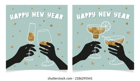 Happy new year cute greeting cards, set of line art illustrations vector design. Invitation for party. Hands holding wine, champagne and cocktail glasses. Cheers 