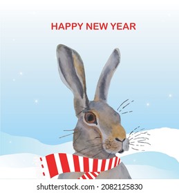 Happy New Year cute hare on snow landscape background banner, Christmas card art design elements stock vector illustration for web, for print