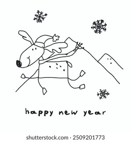 Happy new year. Cute jumping reindeer against the mountains. Childish naive vector illustration on white background. Doodle art style. Hand drawn christmas element