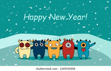 Happy New Year! Cute monsters are in each other's arms on a winter background. Vector illustration. Cartoon characters. Holiday card.