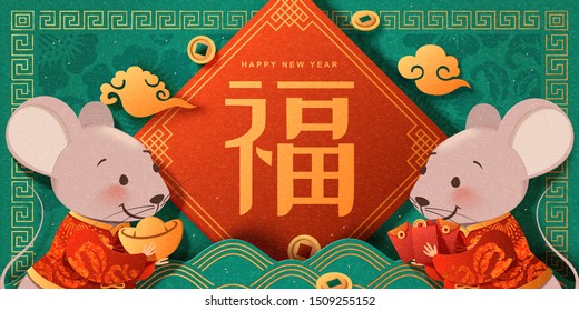 Happy new year with cute mouse and fortune calligraphy written in Chinese words on spring couplet, turquoise background