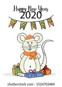Happy new year. Cute mouse or rat, symbol of 2020. New Year greeting card, flyer. Holiday poster, invitation. Vector style, eps 10