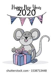 Happy new year. Cute mouse or rat, symbol of 2020. New Year greeting card, flyer, banner. Holiday poster, invitation. Vector style, eps 10