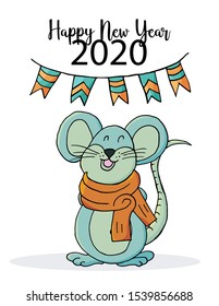 Happy new year. Cute mouse or rat, symbol of 2020. New Year greeting card, banner. Holiday poster, invitation. Vector style, eps 10