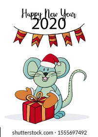 Happy new year. Cute mouse or rat, symbol of 2020. New Year greeting flyer, banner. Holiday poster, invitation. Vector style, eps 10