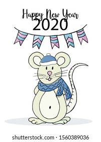 Happy new year. Cute mouse or rat, symbol of 2020. New Year greeting card, flyer, banner. Holiday poster, invitation. Vector