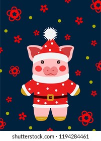 Happy new year cute pig Santa Claus postcard chinese. Symbol of the year 2019 vector illustrtion