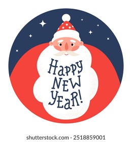 Happy New Year. Cute portrait Santa Claus. Vector illustration. Christmas holiday round card