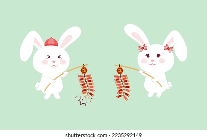 Happy new year cute rabbit couple hold firecracker firework rod. Paint brush flat style illustration vector. Asian culture.