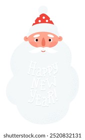 Happy New Year. Cute Santa Claus with big beard with lettering congratulation. Vector illustration. Christmas holiday portrait character