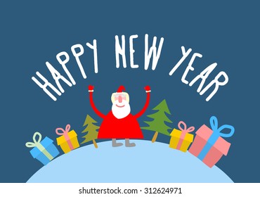 Happy new year. Cute Santa Claus with gift and Christmas tree. Vector greeting card for Xmas.
