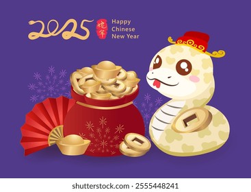 Happy new year, Cute snake, treasure and money. translation : Happy chinese new year 2025, year of  snake.