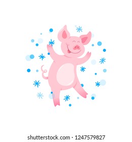 Happy New Year cute snowflake piggy card. Funny cartoon dancing character, hand drawn symbol of the 2019 year. Vector illustration for greeting postcard, t-shirt, fabric print design, party invitation