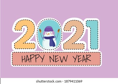 feliz año nuevo lindo muñeco de nieve en ilustración vectorial de tarjeta de números 2021