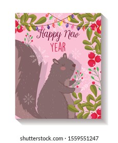 happy new year cute squirrel foliage lights poster vector illustration