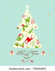 Happy new year cute vintage greeting card with pine tree. Turkish - Mutlu Yillar. Yeni yiliniz kutlu olsun.