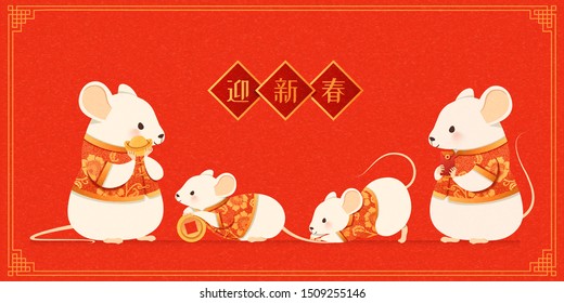 Happy new year with cute white mouse in folk costume holding gold ingot and coins, welcome the season written in Chinese words on spring couplet