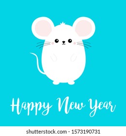 Happy New Year. Cute white mouse. 2020 sign symbol. Merry Christmas. Cartoon funny kawaii baby character. Flat design. Blue winter background. Vector illustration