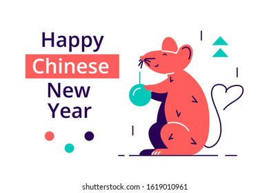 Happy new year with cute white mouse and fortune calligraphy written in Chinese words on spring couplet, turquoise background. Flat style modern design vector illustration for web page, cards, poster
