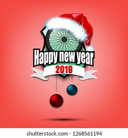 Happy new year. Cycling logo template design. Bicycle wheel with santa hat. Pattern for banner, poster, greeting card, party invitation. Vector illustration