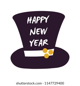 Happy New Year cylinder hat icon isolated on white background. Vector illustration with black high cap with congratulation decorated with white ribbon