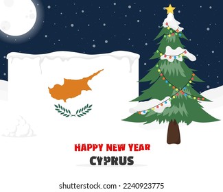 Happy new year in Cyprus with Christmas tree and snow, banner or content design idea, Cyprus flag with pine tree, new year celebration idea, sky with full moon and stars, vector design