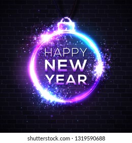 Happy New Year dark background. Decorative neon sign. Light banner. Celebrating retro disco night club party invitation design template. New Year eve greeting card. Colorful vector illustration.