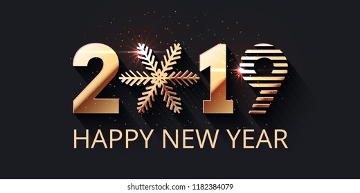 Happy New Year dark festive background. 2019 gold text design. Vector greeting illustration with golden numbers and snowflake