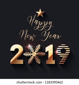 Happy New Year dark festive background. 2019 gold text design. Vector greeting illustration with golden numbers and snowflake